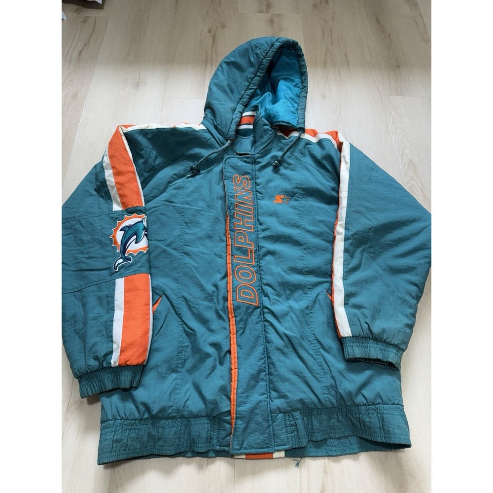 STARTER Pro Line Miami Dolphins Puffer Winter Hooded Vintage Jacket Men's Medium